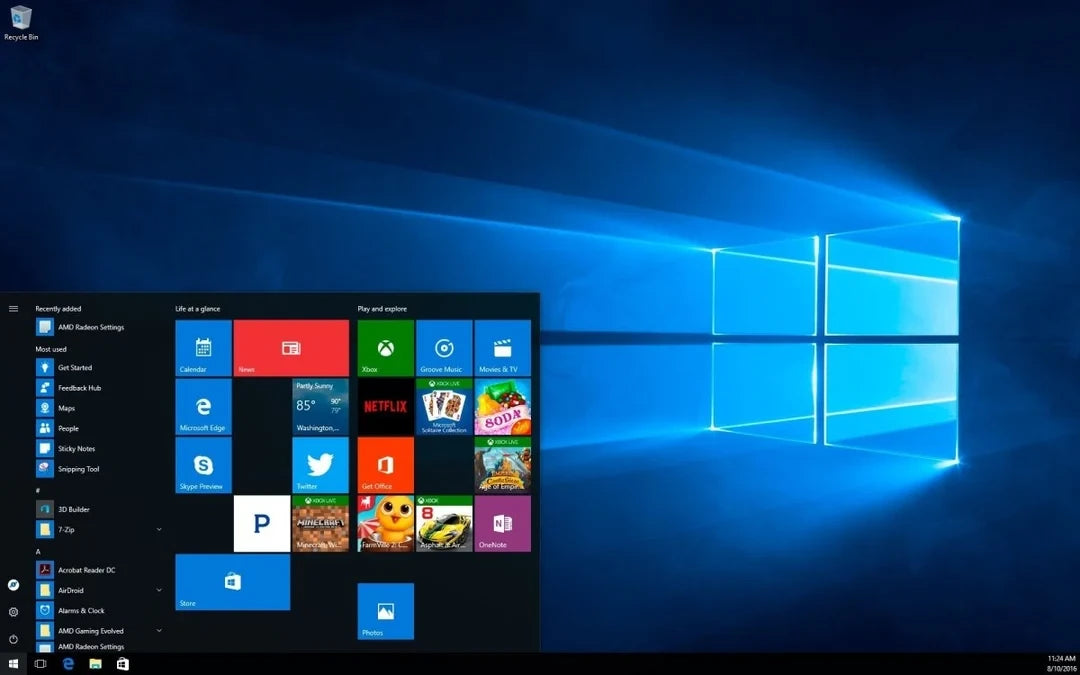 Windows 10 Pro N for Workstations Benutzeroberfläche mit Desktop und Startmenü