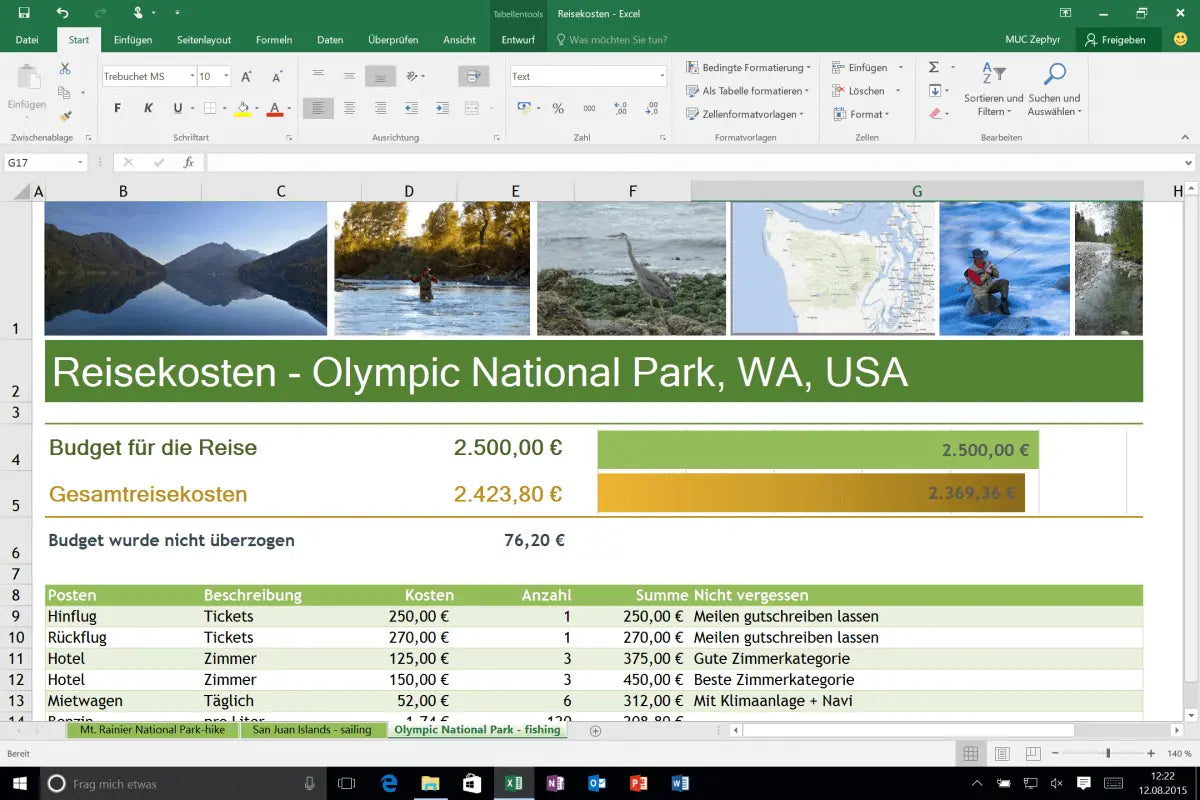 Microsoft Excel 2016 mit geöffneter Reisekosten-Tabelle in Office 2016 Professional Plus