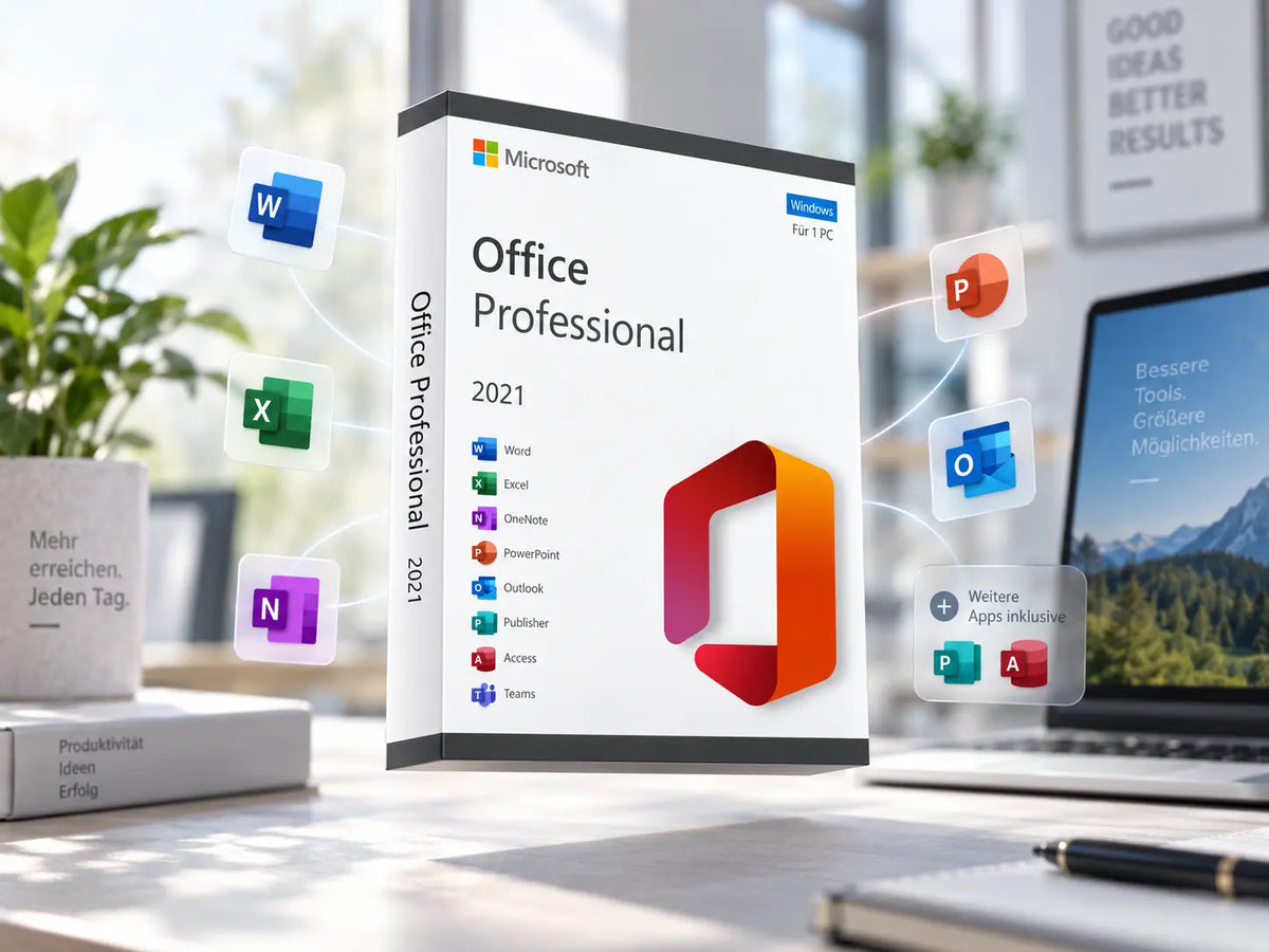 Microsoft Office 2021 mit Word, Excel, PowerPoint, Outlook und weiteren Anwendungen in moderner Büroumgebung