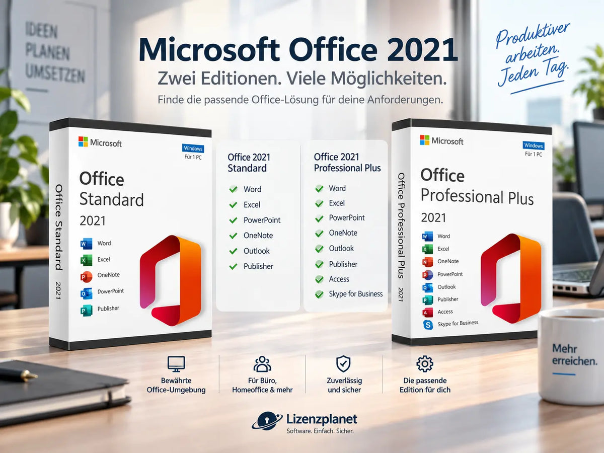 Microsoft Office 2021 Standard und Professional Plus im Vergleich mit Word, Excel, PowerPoint, Outlook, Publisher und Access