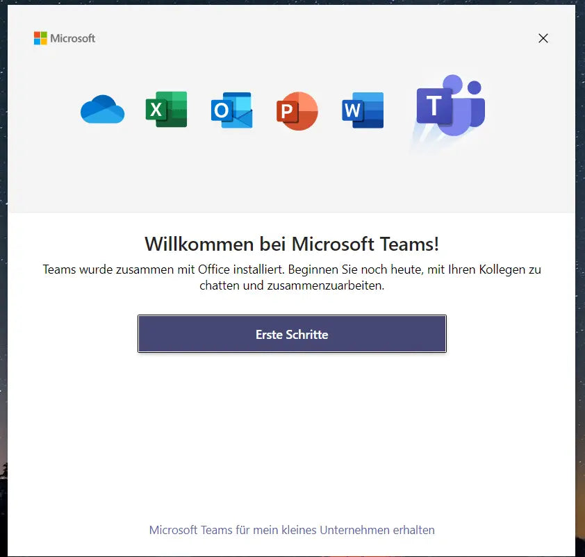 Microsoft Teams Begrüßungsfenster nach der Installation von Office 2021 Professional Plus