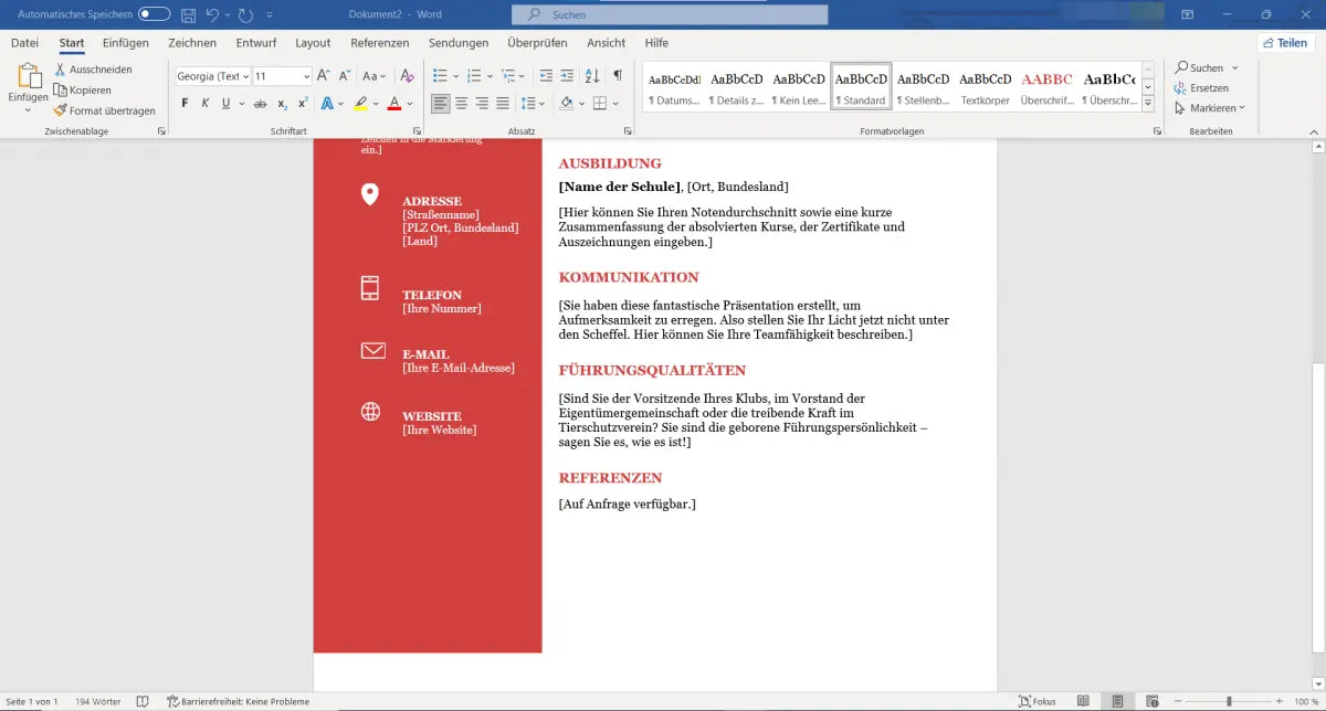 Microsoft Word in Office 2021 Professional Plus mit geöffneter Lebenslauf-Vorlage