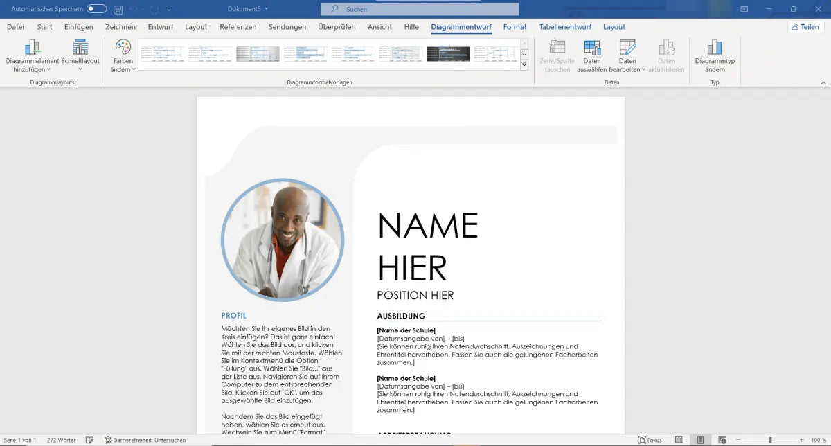 Microsoft Word mit geöffneter Lebenslauf-Vorlage in Office 2021 Professional Plus